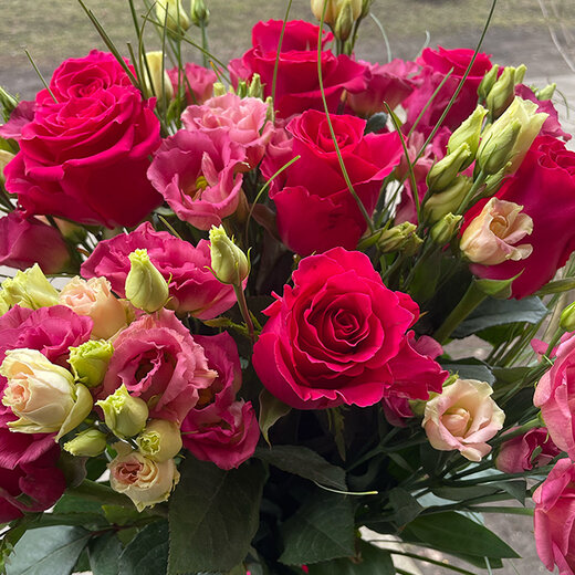 Aveņu krāsas rozes un lizantes