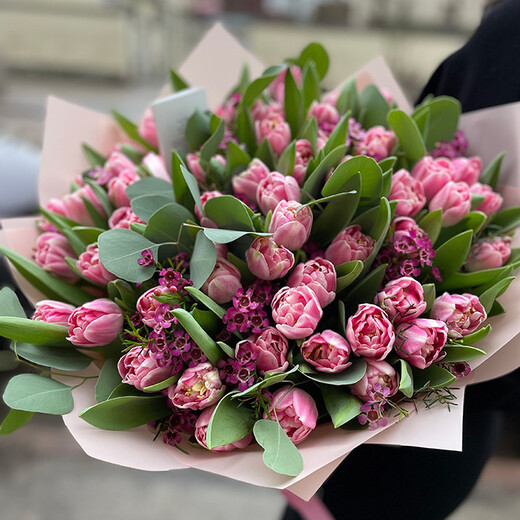 51 rozā tulpe ar vaska puķi un eikaliptu