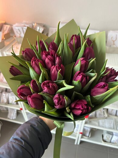 Tum&scaron;i violetu tulpju pu&scaron;ķis zaļā iesaiņojumā