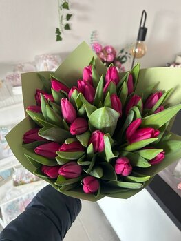 Violeti rozās tulpes bukete