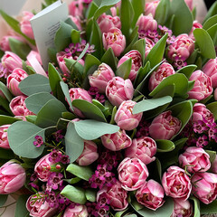 51 rozā tulpe ar vaska puķi un eikaliptu